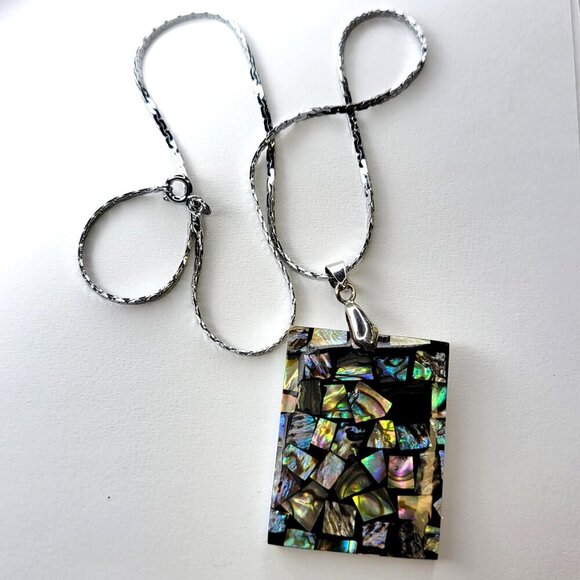 Genuine Abalone Shell Inlay Rectangular Pendant with Silver Necklace - Picture 1 of 8